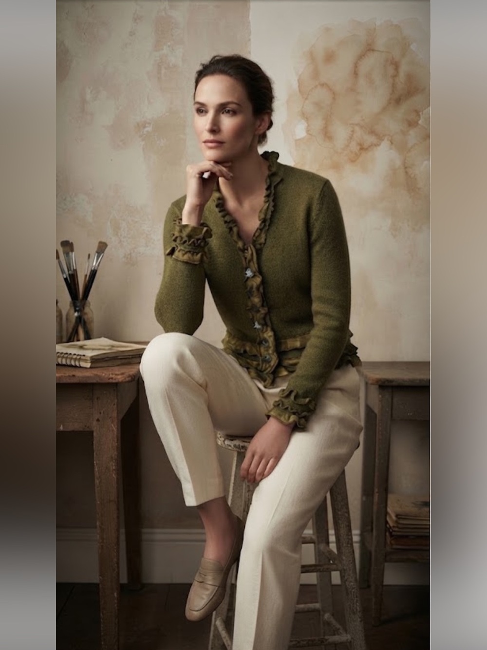 NWT Pure Handknit Olive Green Ruffle Cardigan Sweater